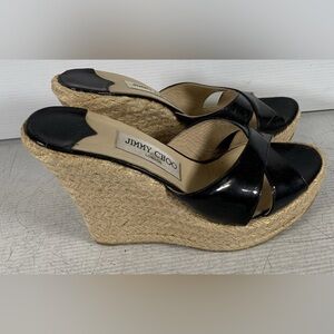 Jimmy Choo Black Patent Leather Espadrilles/ Sandals 8.5 Authentic
